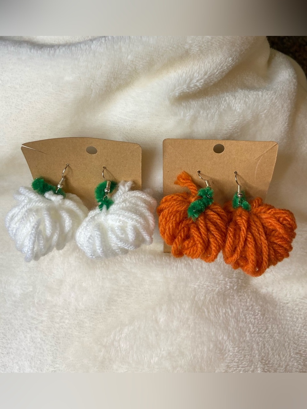 Hand Crafted White & Orange Pumpkin Yarn Earrings - Picture 3 of 4